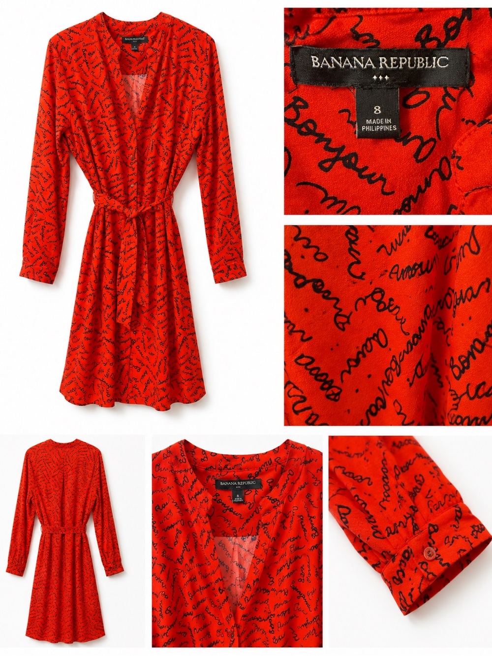 Banana Republic Red Script Wrap Dress with Black Print